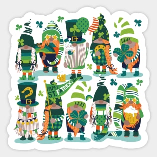 Saint Patricks gnomes // spot illo // aqua background parade with green and orange gnomes Leprechaun shamrock four leaf clovers Irish Ireland folklore Sticker